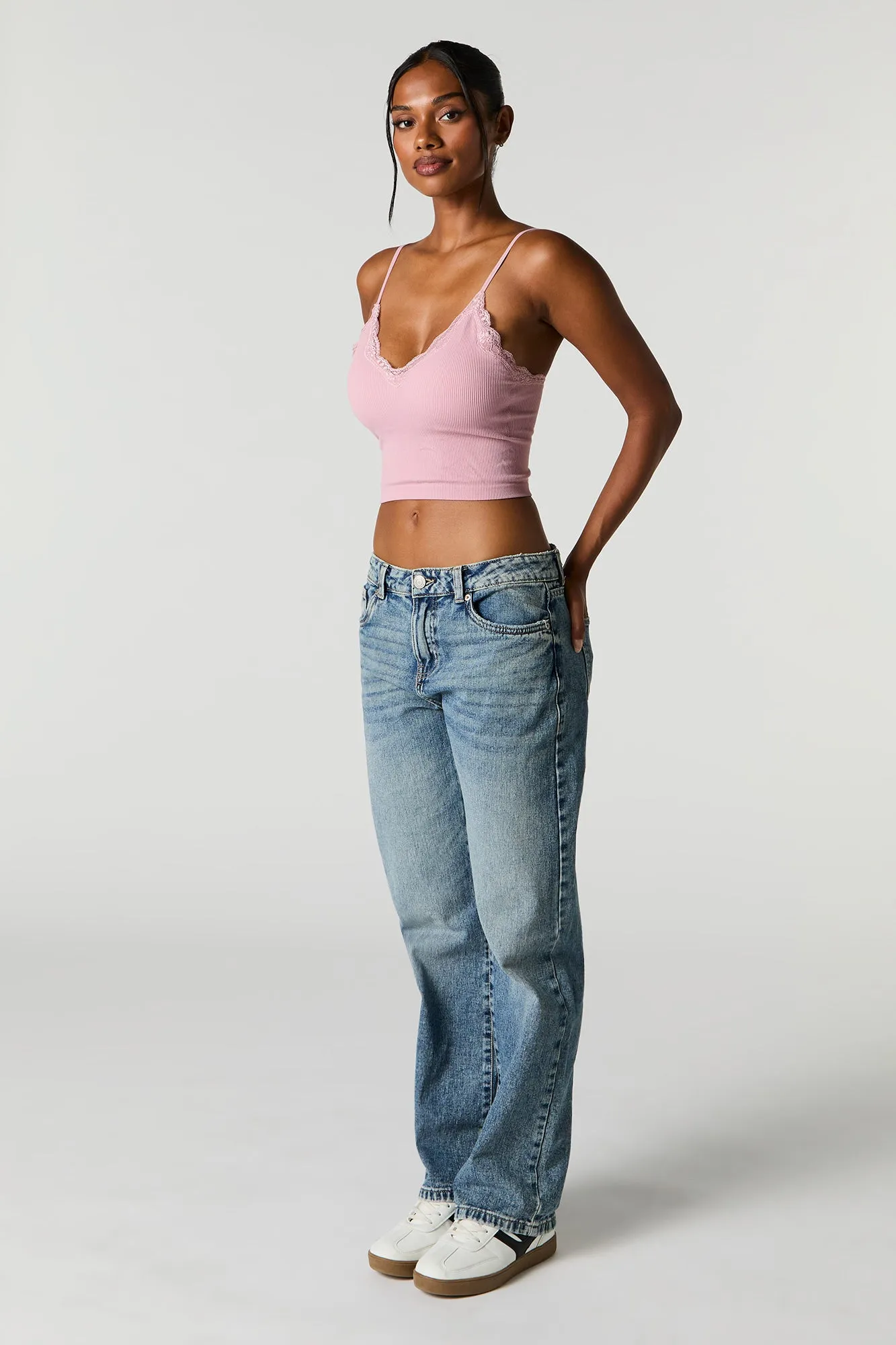 Seamless Ribbed Lace Trim Cami with Built-In Bra Cups sold by Urban Planet product image thumbnail 3