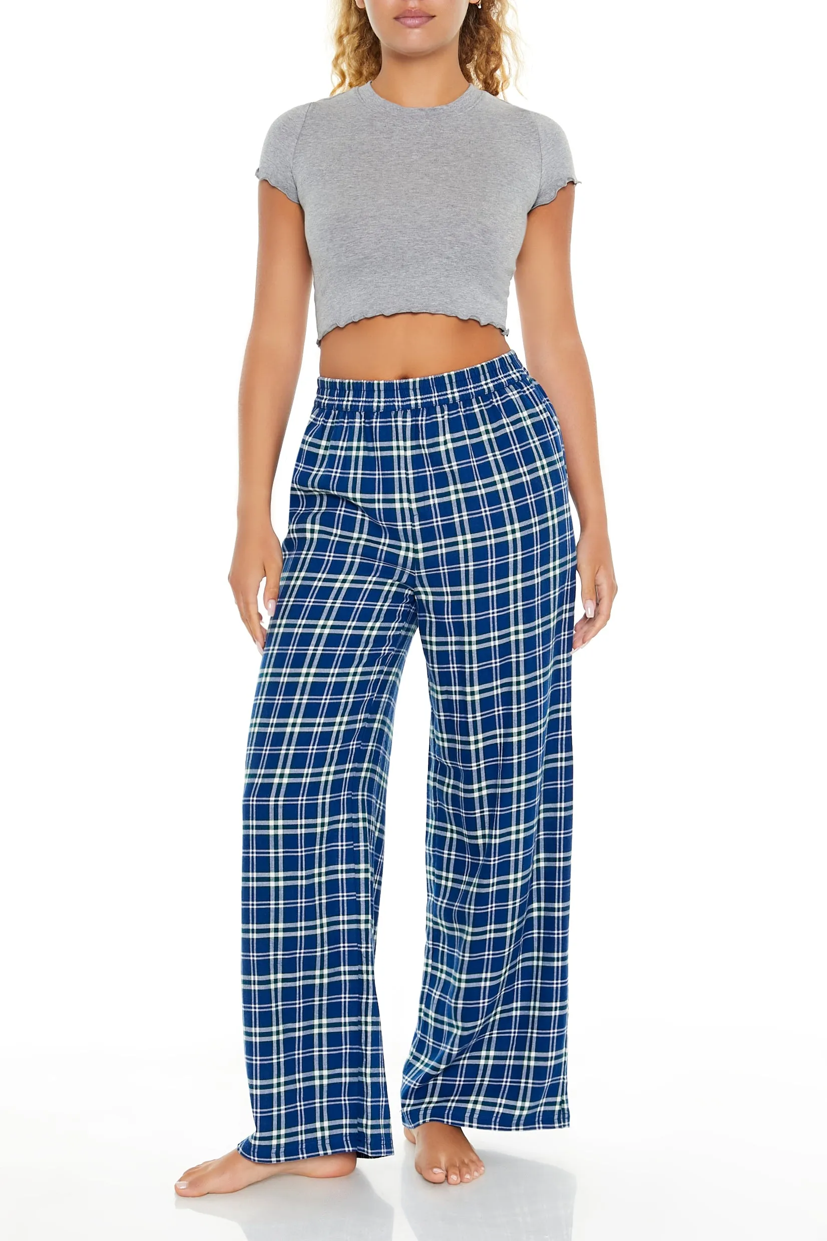 Blue Plaid Print Wide Leg Pajama Pant sold by Urban Planet