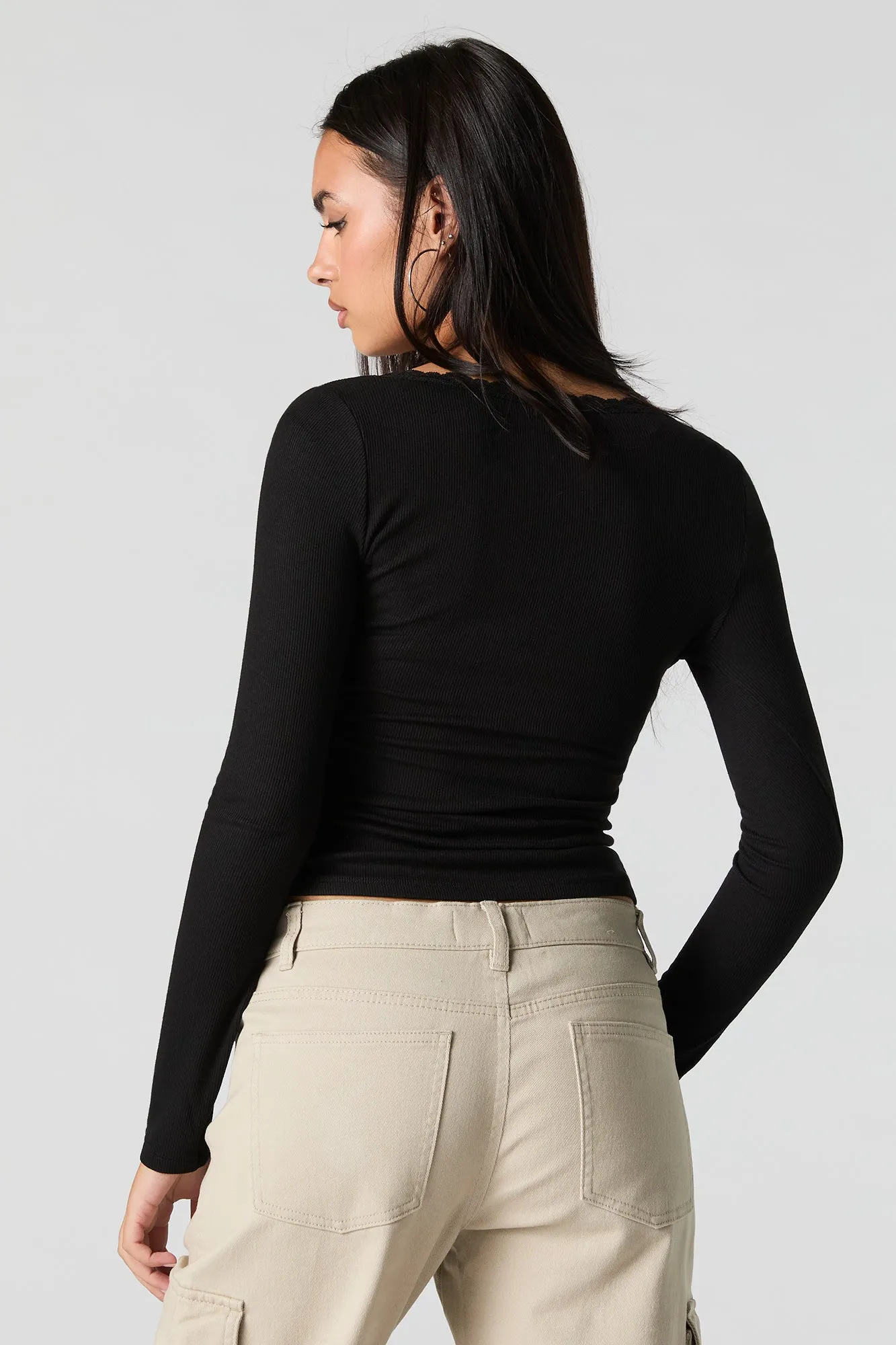 Ribbed Lace Trim Scoop Neck Long Sleeve Top sold by Urban Planet product image thumbnail 5