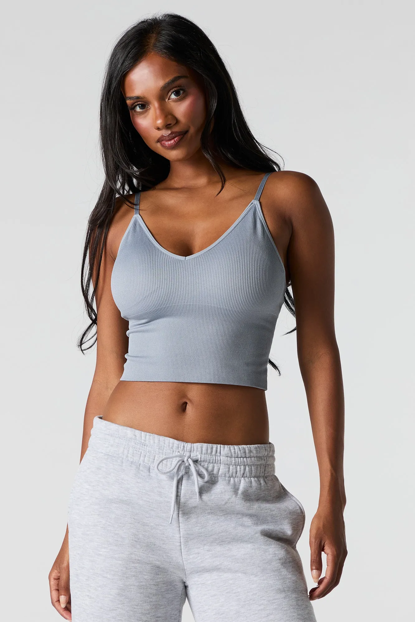 Seamless Ribbed V-Neck Cami with Built-In Bra Cups sold by Urban Planet product image thumbnail 4