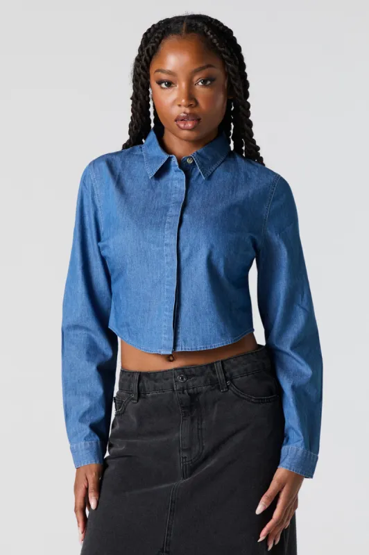 Denim Cropped Button-Up Top sold by Urban Planet