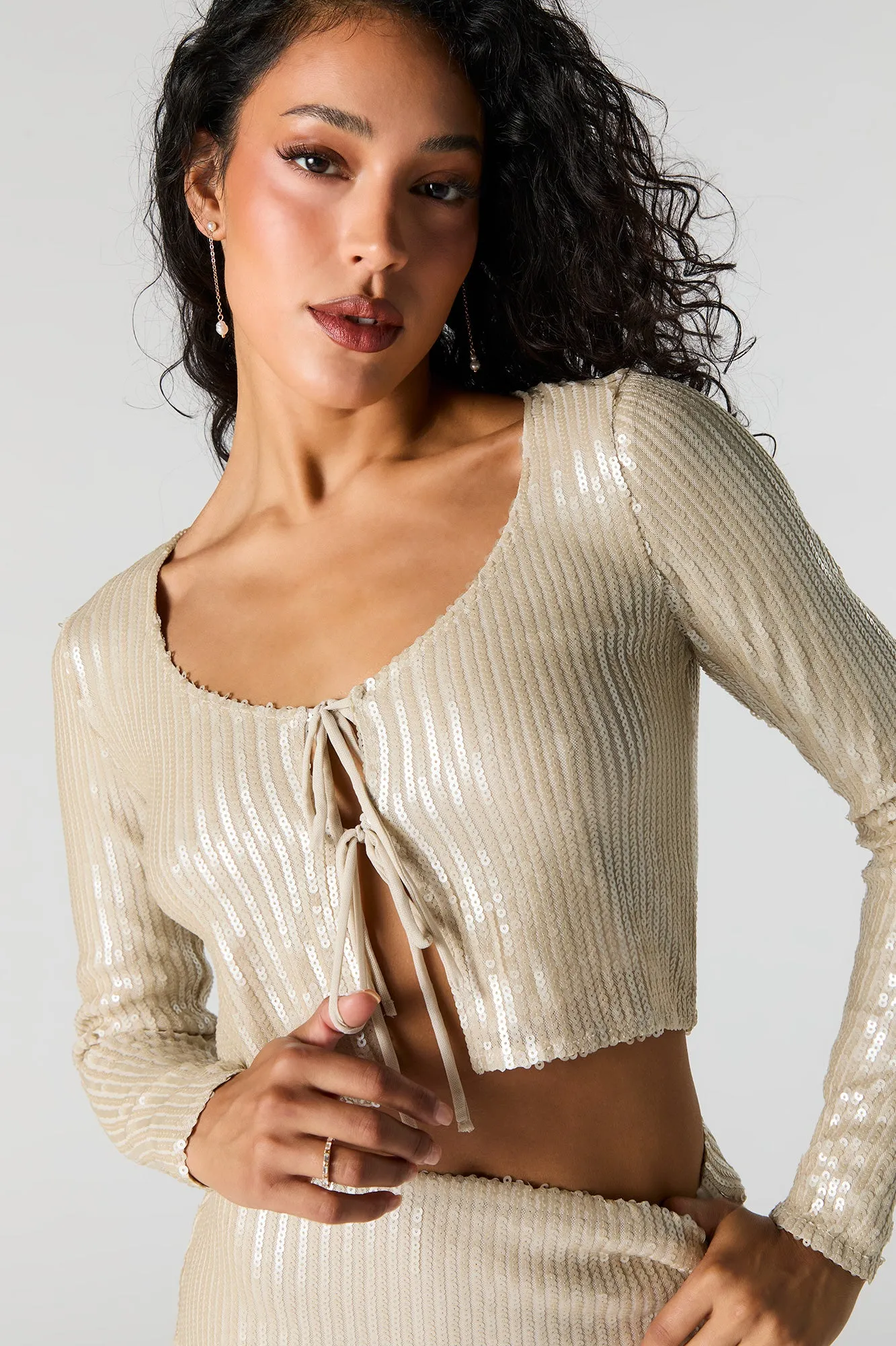 Shiny Sequin Tie Front Top sold by Urban Planet