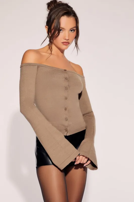 Boat Neck Bell Sleeve Cardigan Sweater made by Forever 21