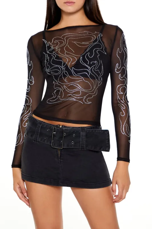 Mesh Rhinestone Flame Long Sleeve Top sold by Urban Planet