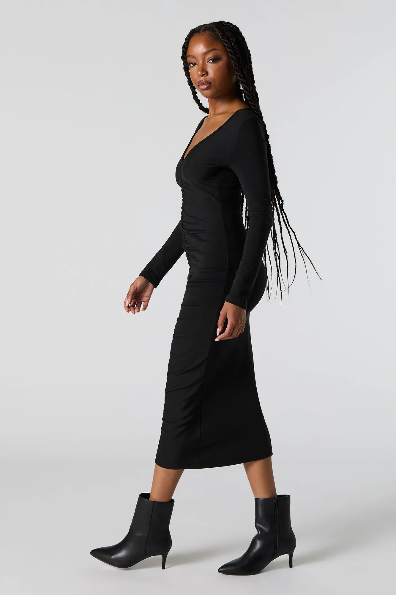 Ruched V-Neck Long Sleeve Midi Dress sold by Urban Planet product image thumbnail 5