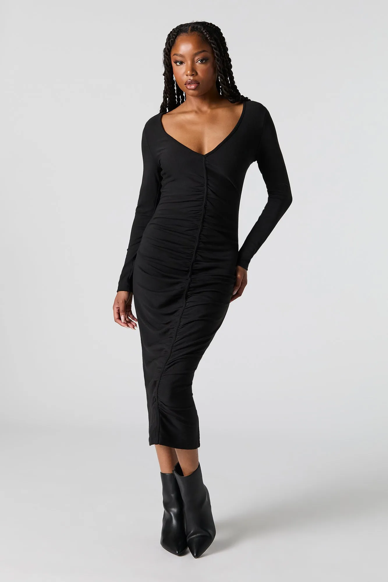 Ruched V-Neck Long Sleeve Midi Dress sold by Urban Planet product image thumbnail 4