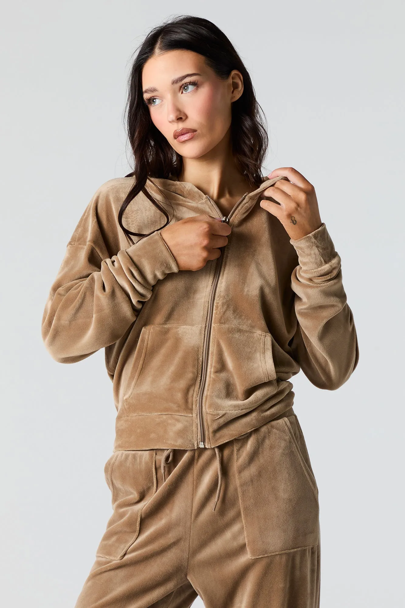 Velour Zip-Up Hoodie sold by Urban Planet