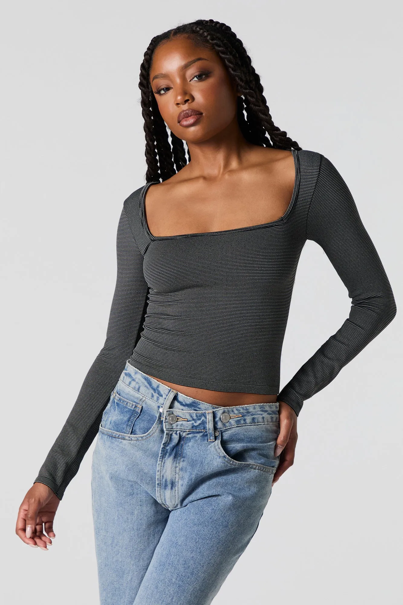 Ribbed Square Neck Long Sleeve Top sold by Urban Planet