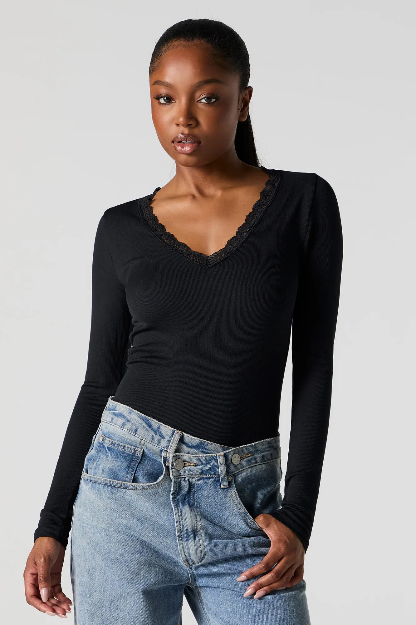 Maillot côtelé sans couture à manches longues avec liséré de dentelle sold by Urban Planet product image thumbnail 5