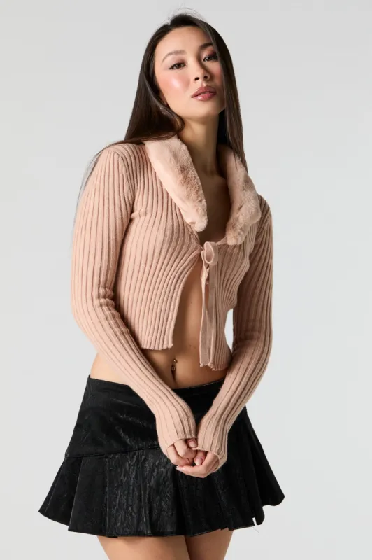 Faux-Fur Collared Tie Front Cardigan sold by Urban Planet