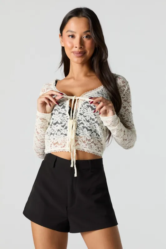 Double Tie Front Lace Long Sleeve Cropped Top sold by Urban Planet