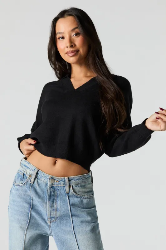 V-Neck Collared Cropped Long Sleeve Sweater sold by Urban Planet