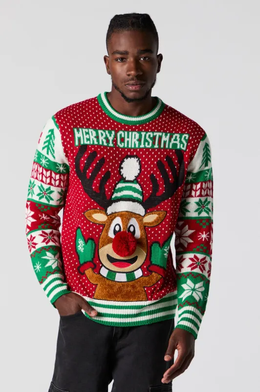 Fuzzy 3D Reindeer Ugly Christmas Sweater sold by Urban Planet