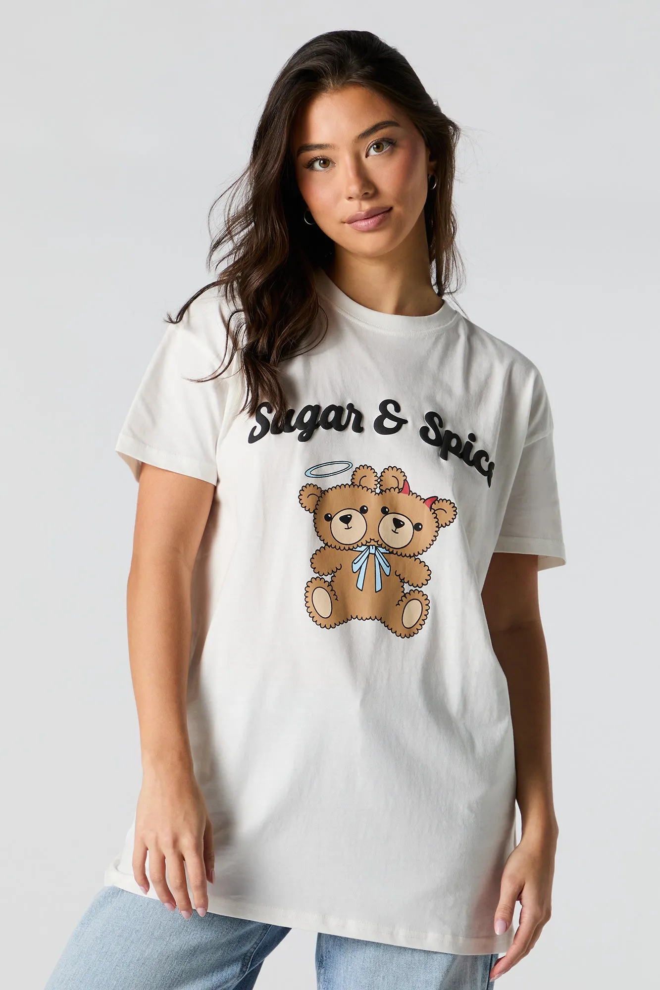 Sugar & Spice Puff Print Graphic Tunic T-Shirt sold by Urban Planet