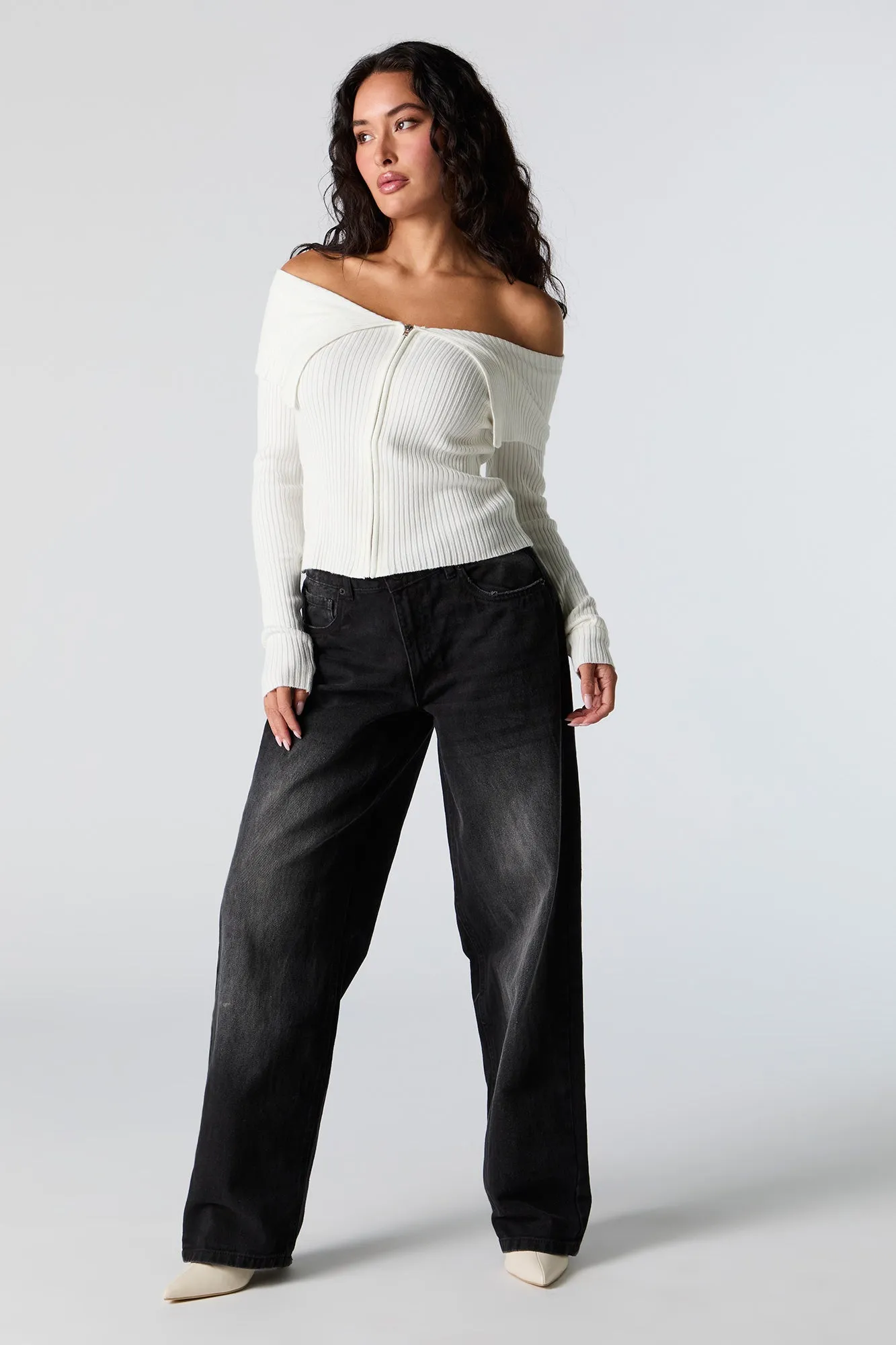 Ribbed Knit Zip-Up Off Shoulder Sweater sold by Urban Planet product image thumbnail 3