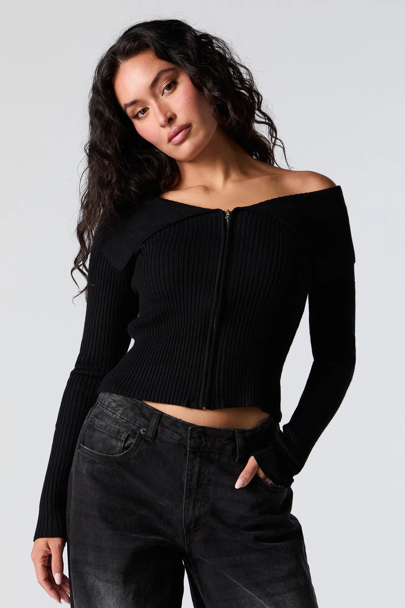 Ribbed Knit Zip-Up Off Shoulder Sweater sold by Urban Planet product image thumbnail 5