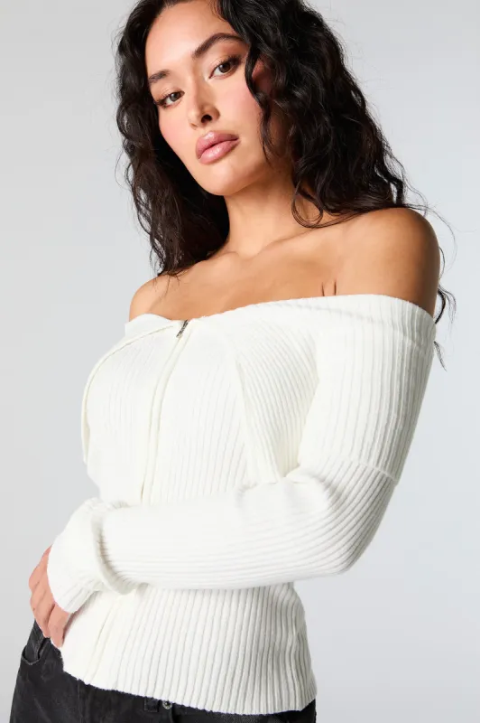 Ribbed Knit Zip-Up Off Shoulder Sweater sold by Urban Planet