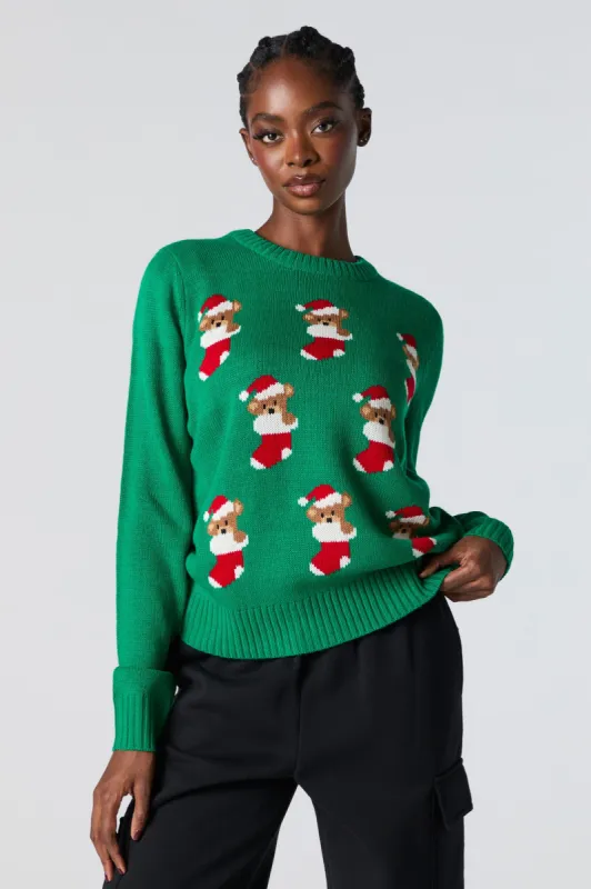 Teddy Stocking Jacquard Knit Christmas Sweater sold by Urban Planet