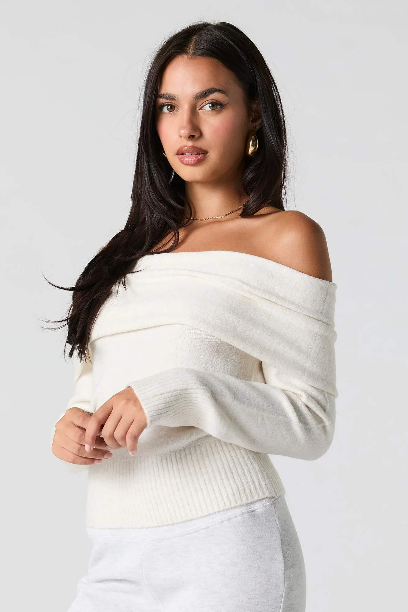 Mossy Knit Foldover Off Shoulder Sweater sold by Urban Planet