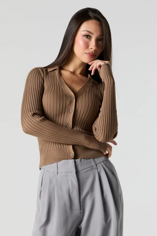 Ribbed Knit Collared Button-Up Sweater sold by Urban Planet