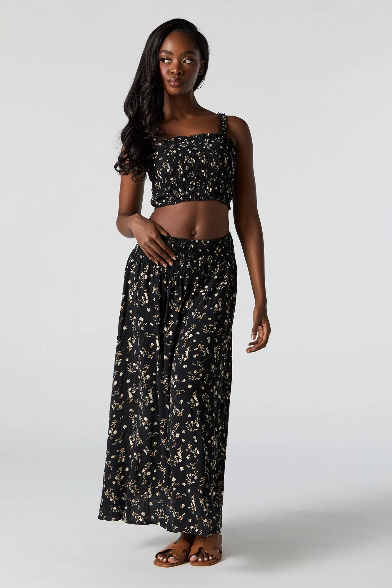 Black Floral Smocked Cropped Tank sold by Urban Planet product image thumbnail 3