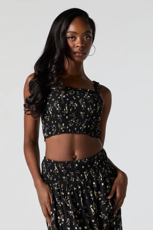 Black Floral Smocked Cropped Tank sold by Urban Planet