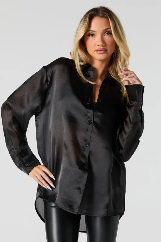 Satin Semi Sheer Button-Up Top sold by Urban Planet