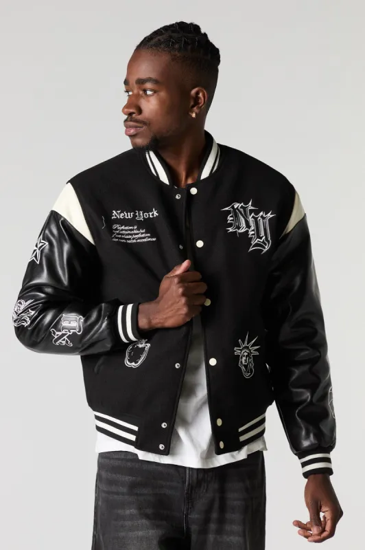 New York Embroidered Fleece Varsity Jacket sold by Urban Planet