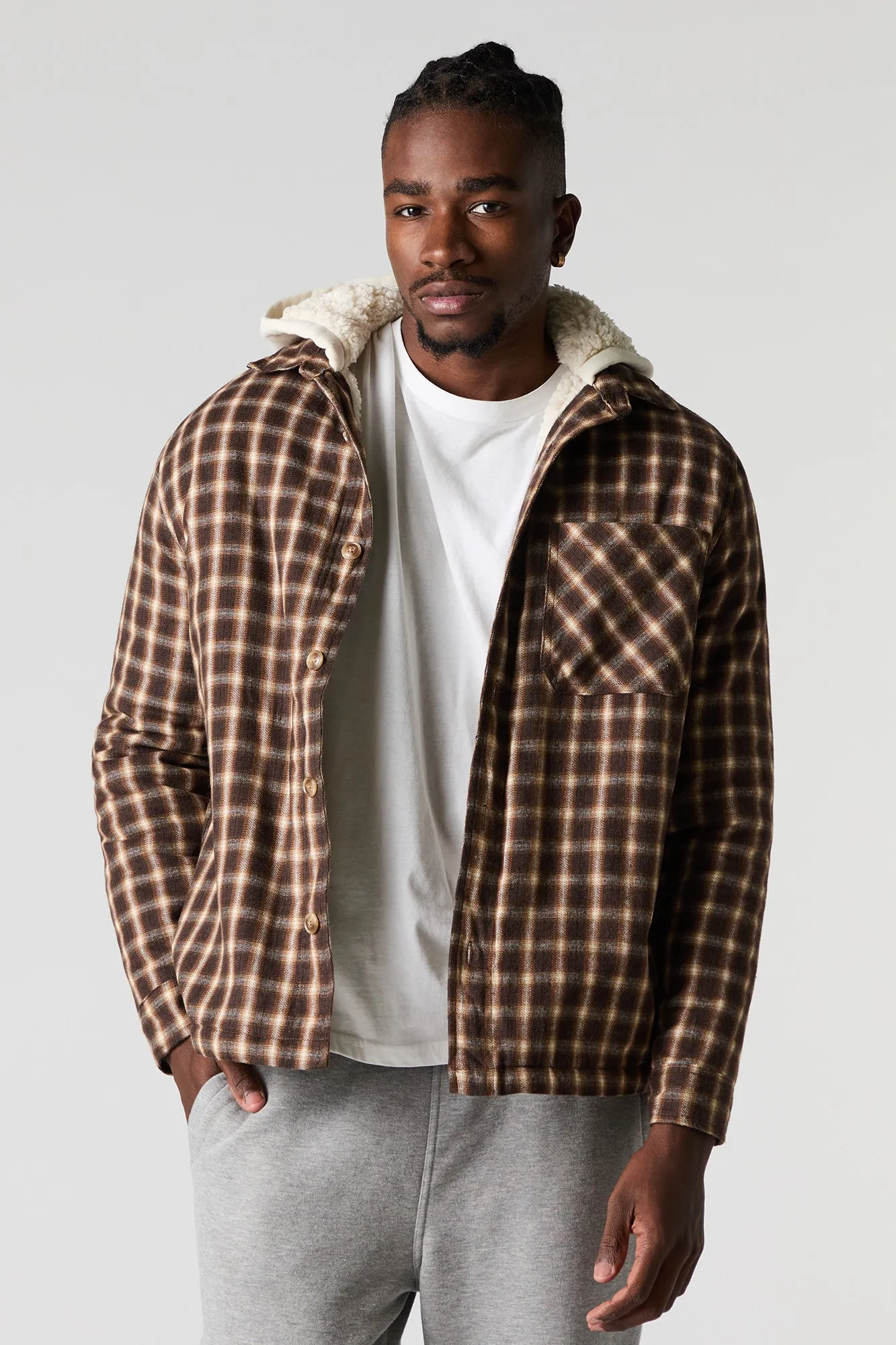 Plaid Sherpa Lined Hooded Shacket sold by Urban Planet product image thumbnail 5