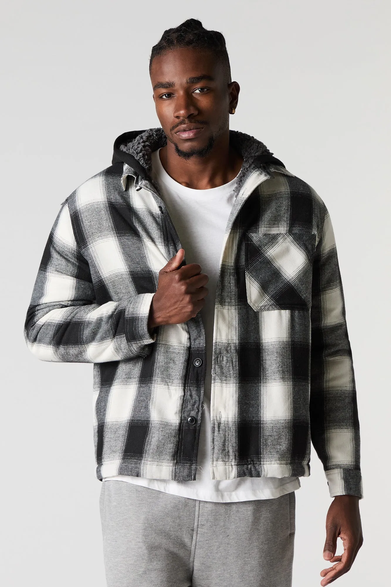 Plaid Sherpa Lined Hooded Shacket sold by Urban Planet