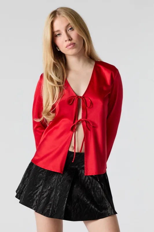 Satin Front Tie Long Sleeve Top sold by Urban Planet
