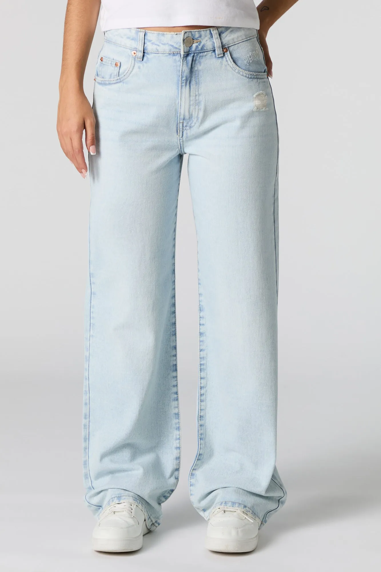 Light Wash Distressed High Rise Wide Leg Jean sold by Urban Planet product image thumbnail 2