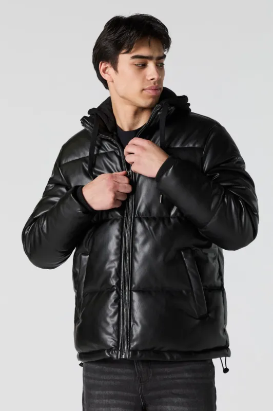 Faux Leather Hooded Puffer Jacket sold by Urban Planet