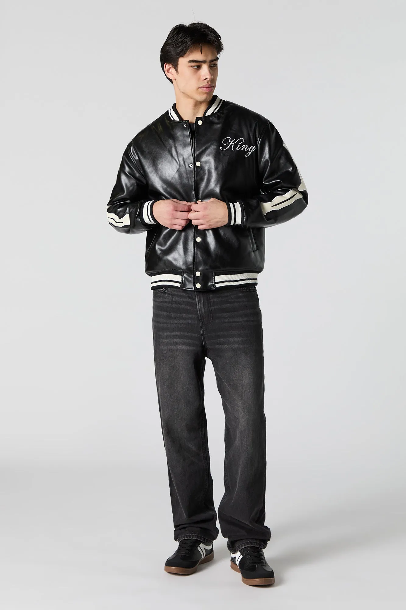 Faux Leather Bone Sleeve Varsity Jacket sold by Urban Planet product image thumbnail 4