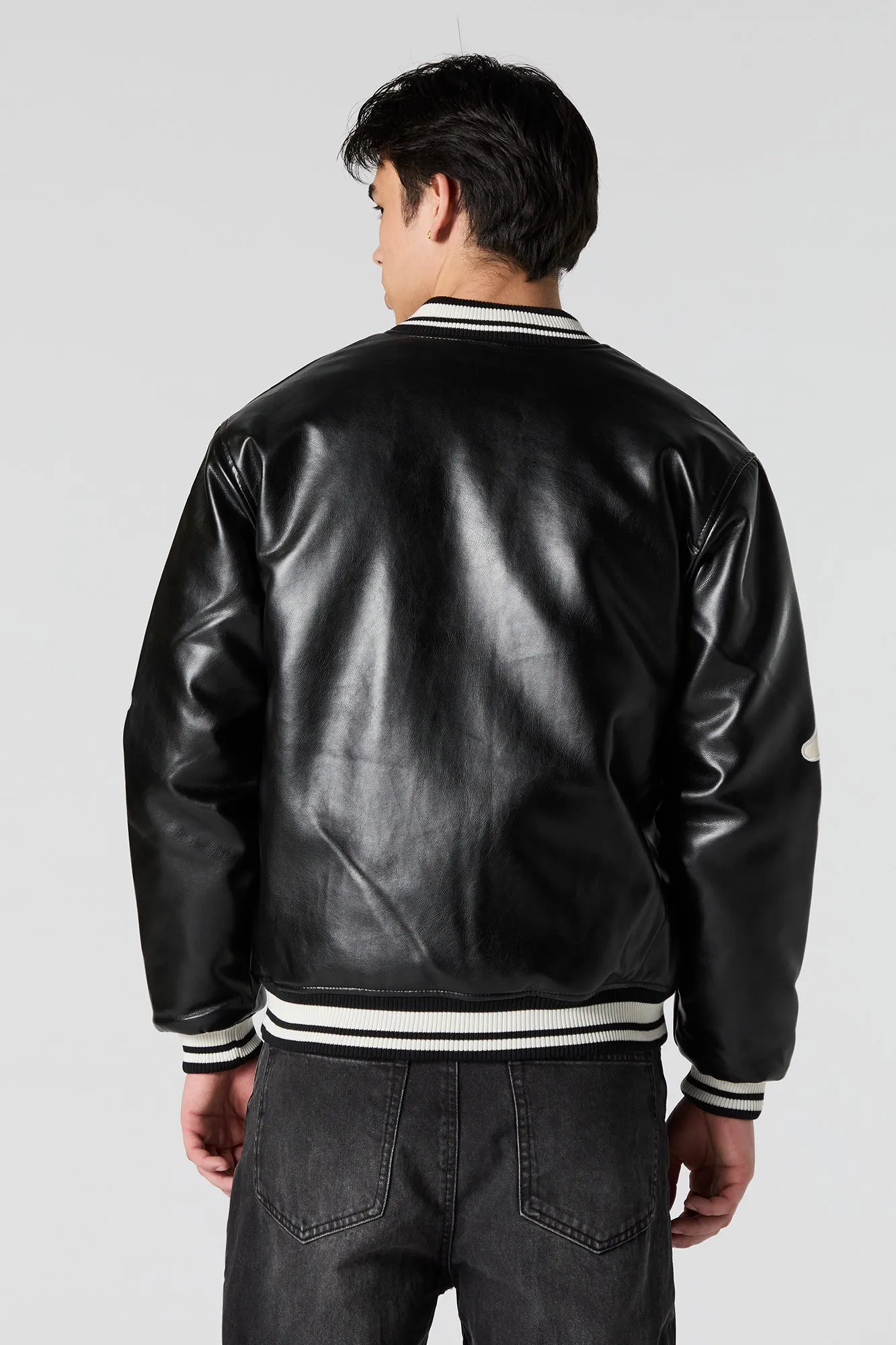 Faux Leather Bone Sleeve Varsity Jacket sold by Urban Planet product image thumbnail 3