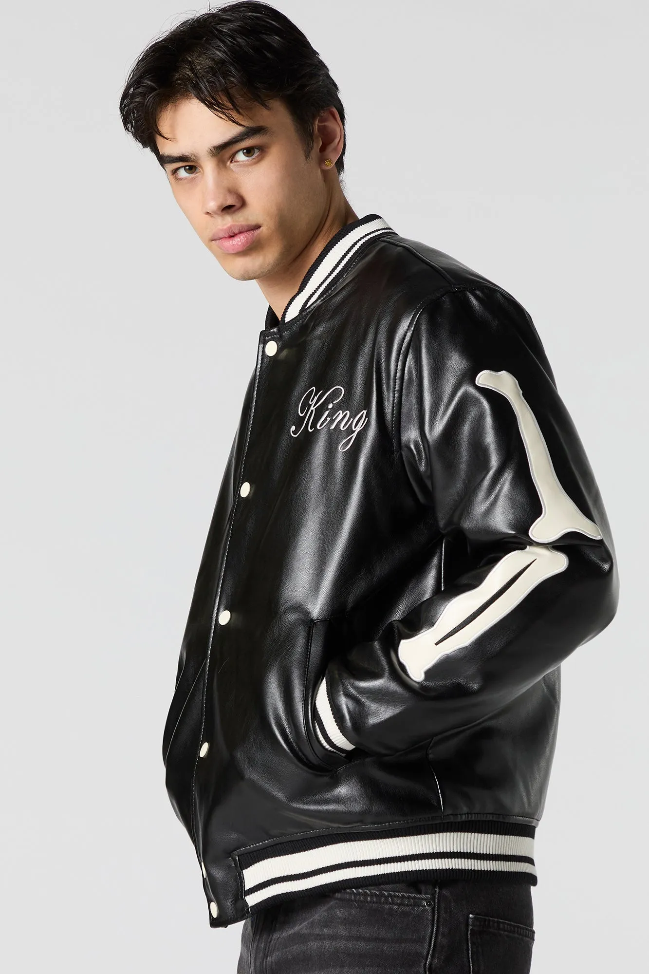 Faux Leather Bone Sleeve Varsity Jacket sold by Urban Planet