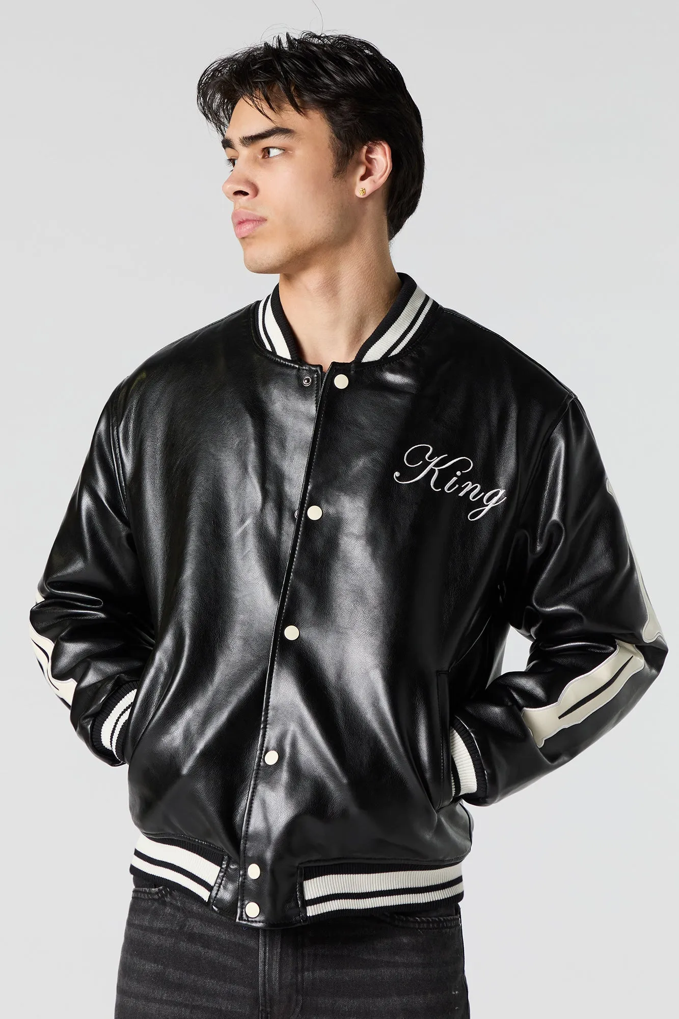 Faux Leather Bone Sleeve Varsity Jacket sold by Urban Planet product image thumbnail 2