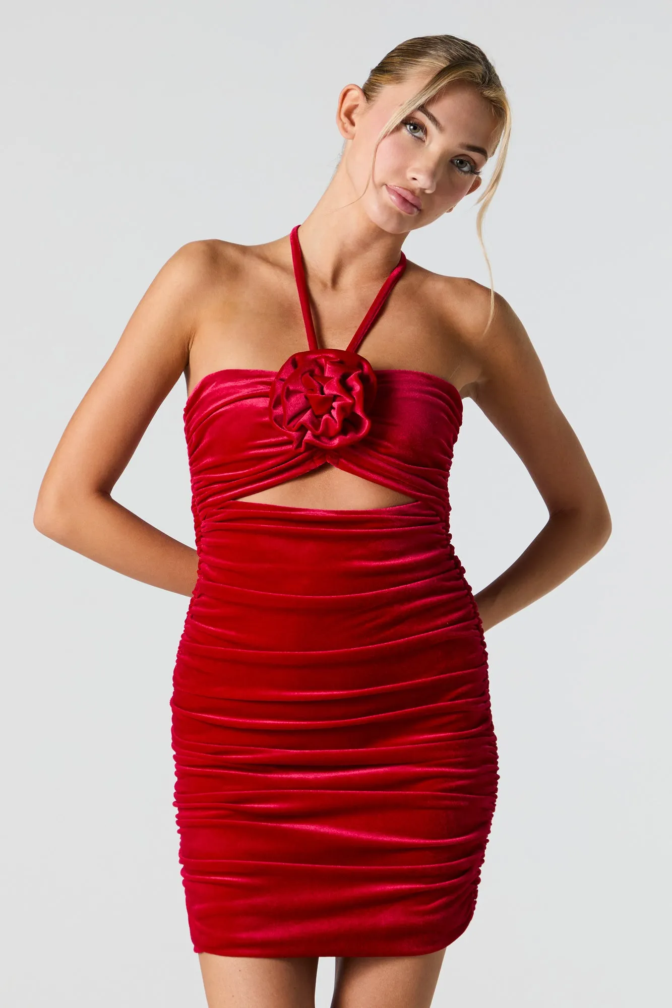 Velvet Rosette Cut-Out Halter Mini Dress sold by Urban Planet product image thumbnail 4
