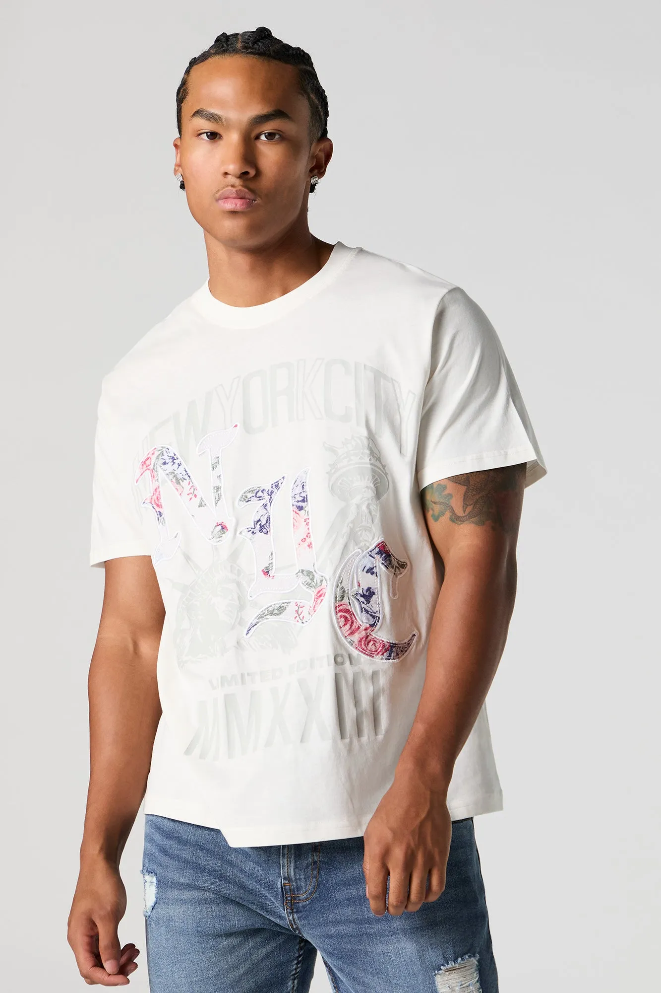 NYC Floral Embroidered T-Shirt sold by Urban Planet