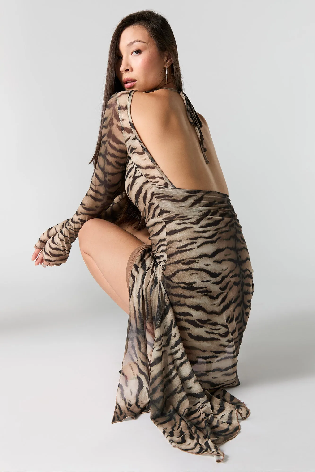 Mesh Insert Long Sleeve Asymmetrical Midi Dress sold by Urban Planet