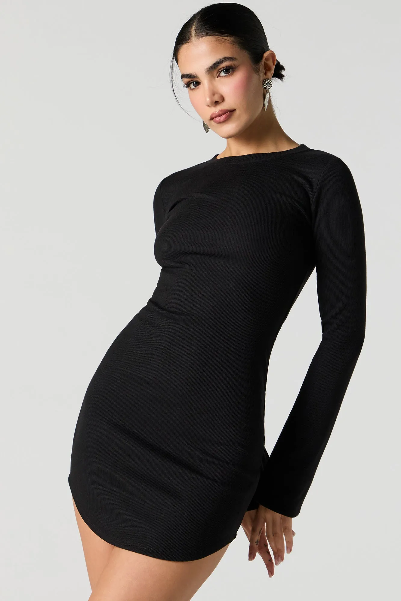 Ribbed Curved Hem Long Sleeve Mini Dress sold by Urban Planet product image thumbnail 4