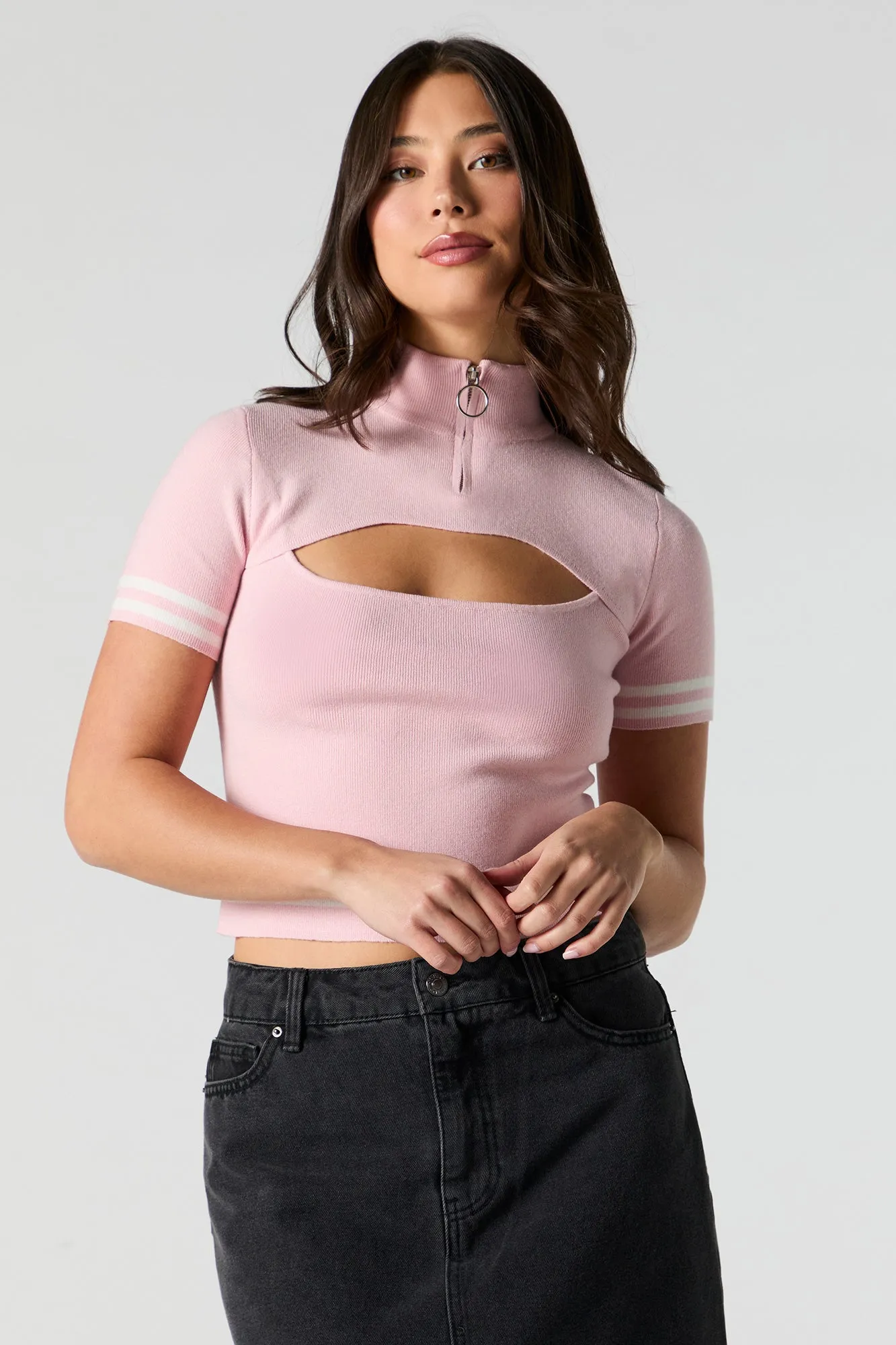 Contrast Striped Mock Neck Short Sleeve Sweater sold by Urban Planet product image thumbnail 4