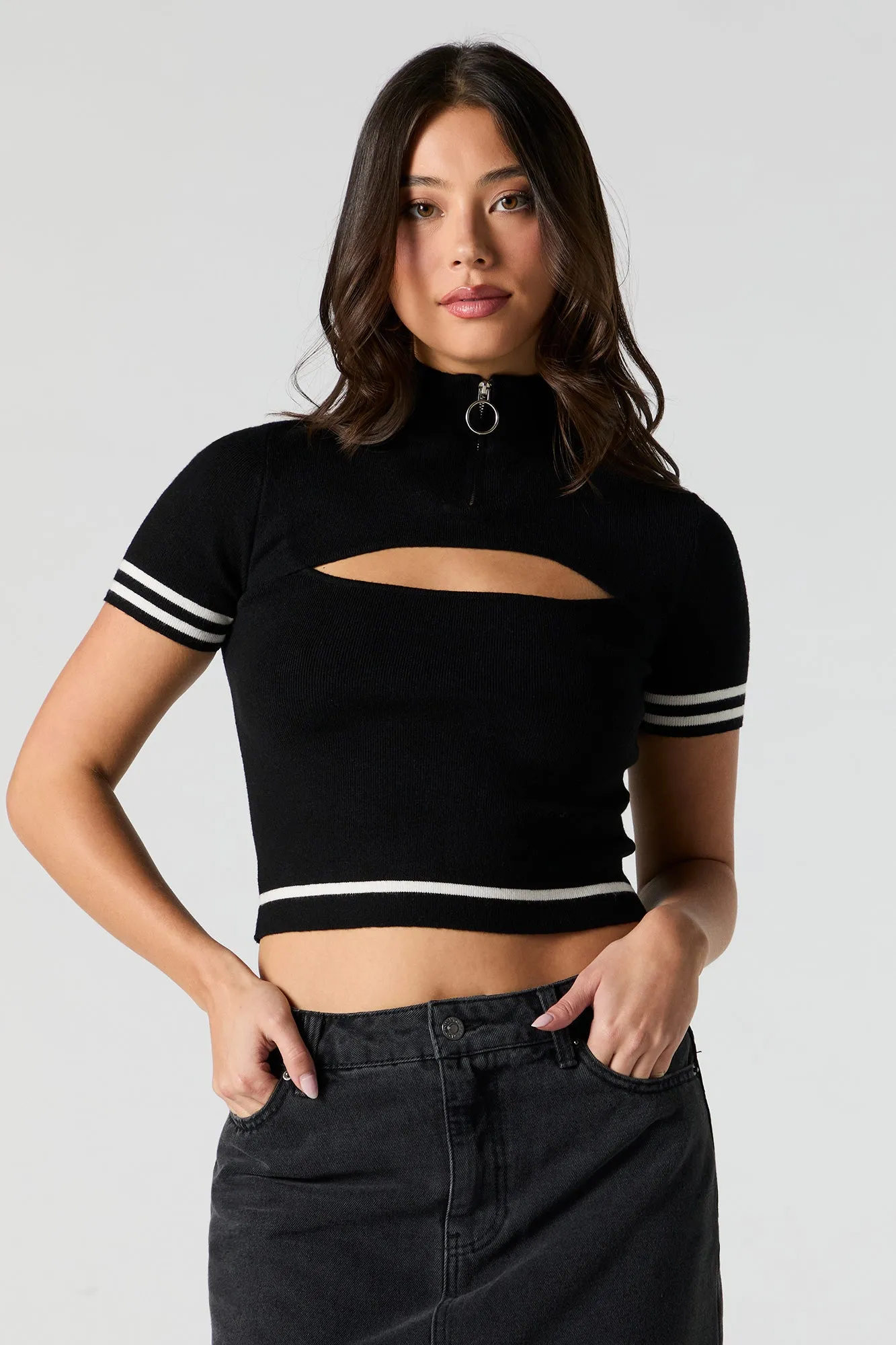 Contrast Striped Mock Neck Short Sleeve Sweater sold by Urban Planet product image thumbnail 5
