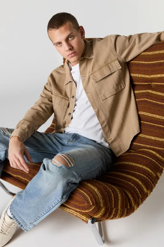 Denim Wash Collared Button-up Top sold by Urban Planet