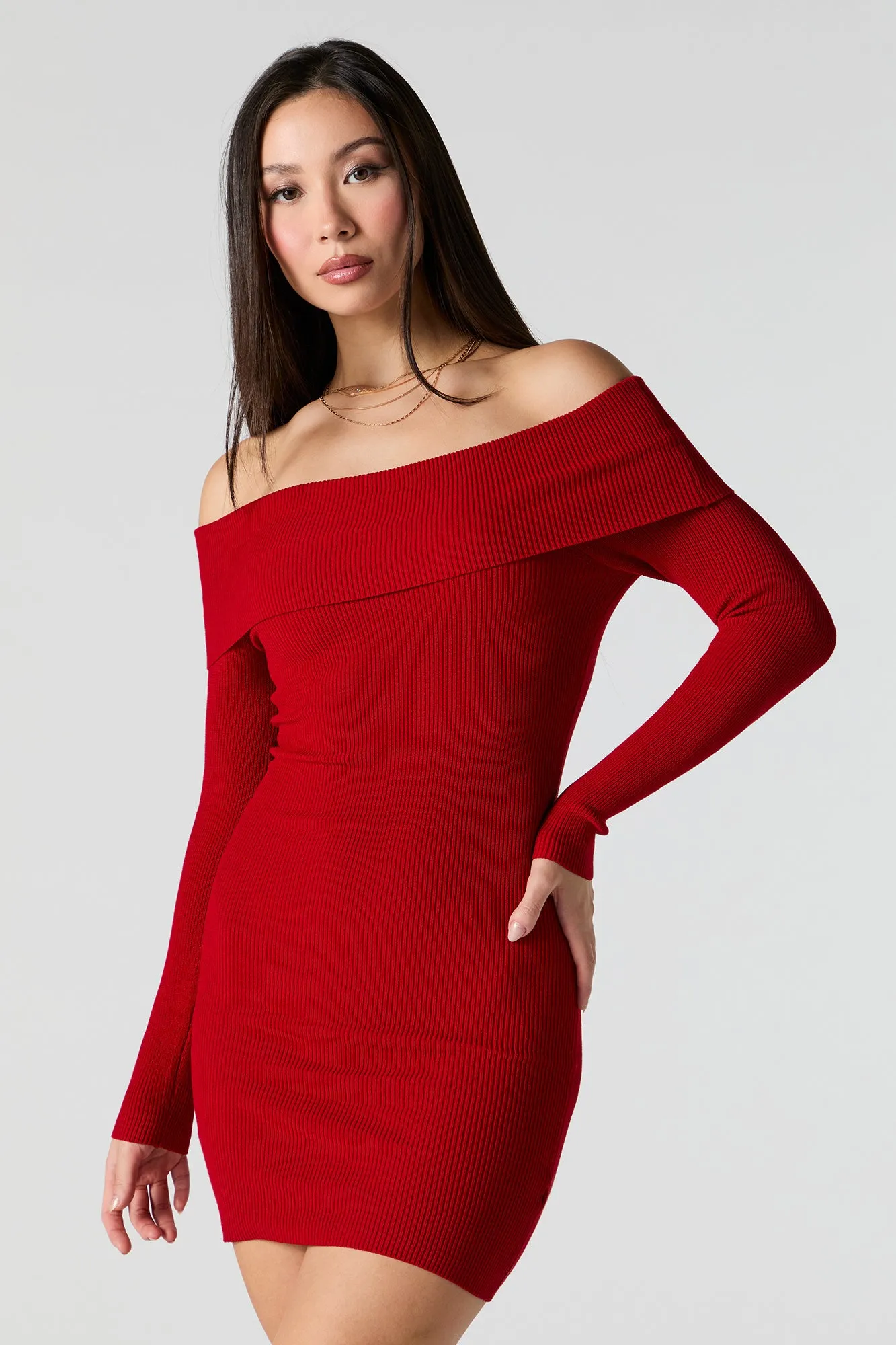 Ribbed Knit Off Shoulder Mini Sweater Dress sold by Urban Planet product image thumbnail 4