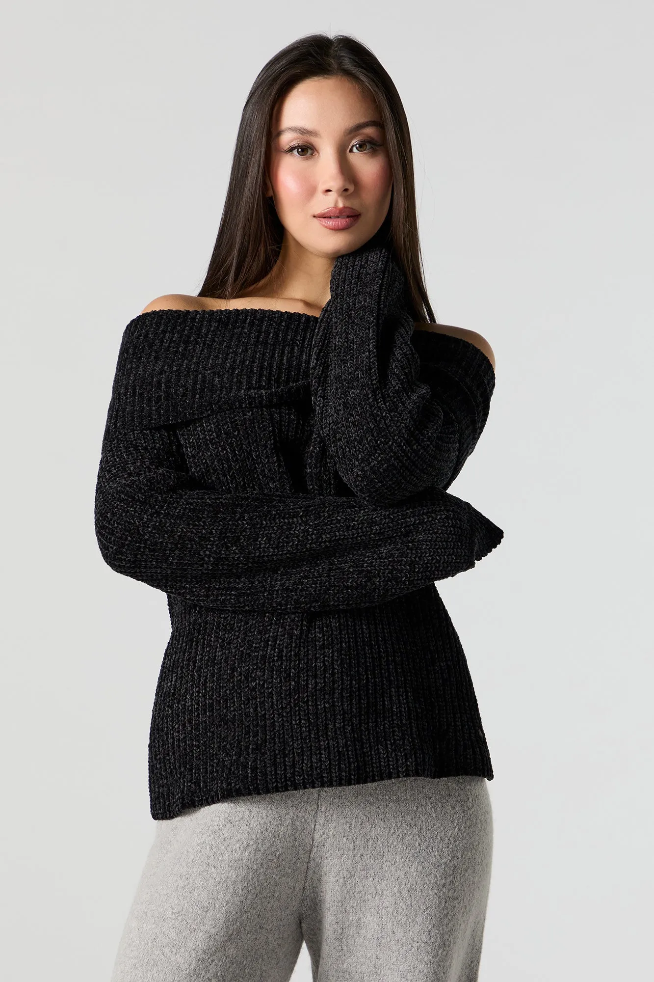 Ribbed Knit Off Shoulder Foldover Sweater sold by Urban Planet product image thumbnail 5
