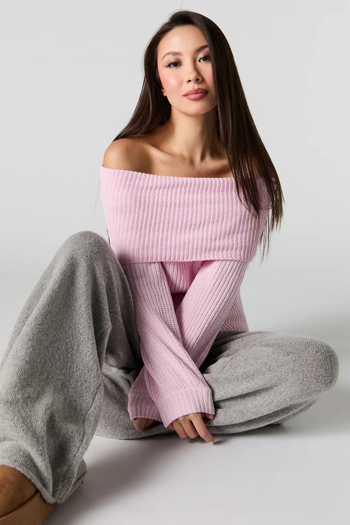 Ribbed Knit Off Shoulder Foldover Sweater sold by Urban Planet