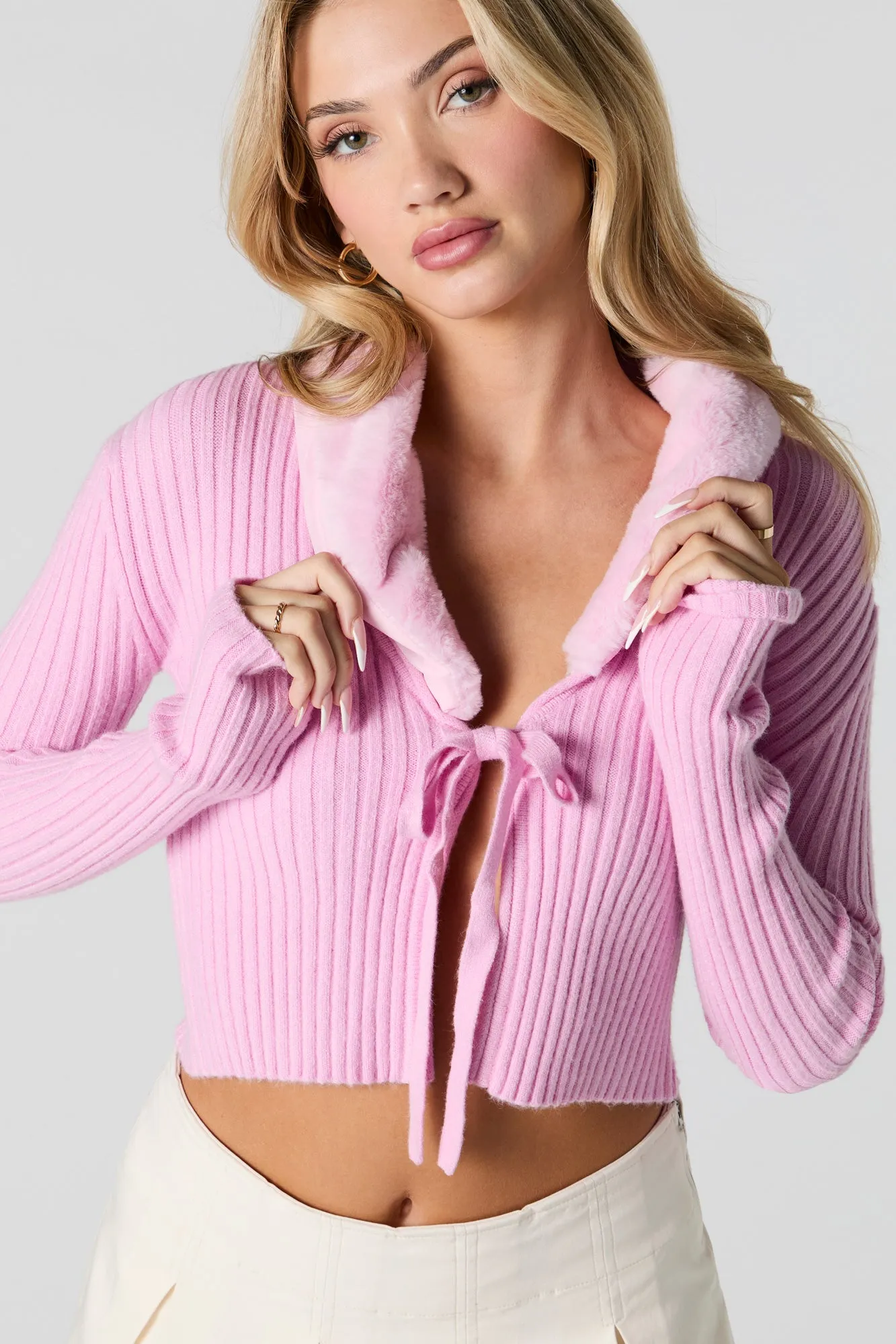 Ribbed Knit Faux Fur Collared Cardigan sold by Urban Planet