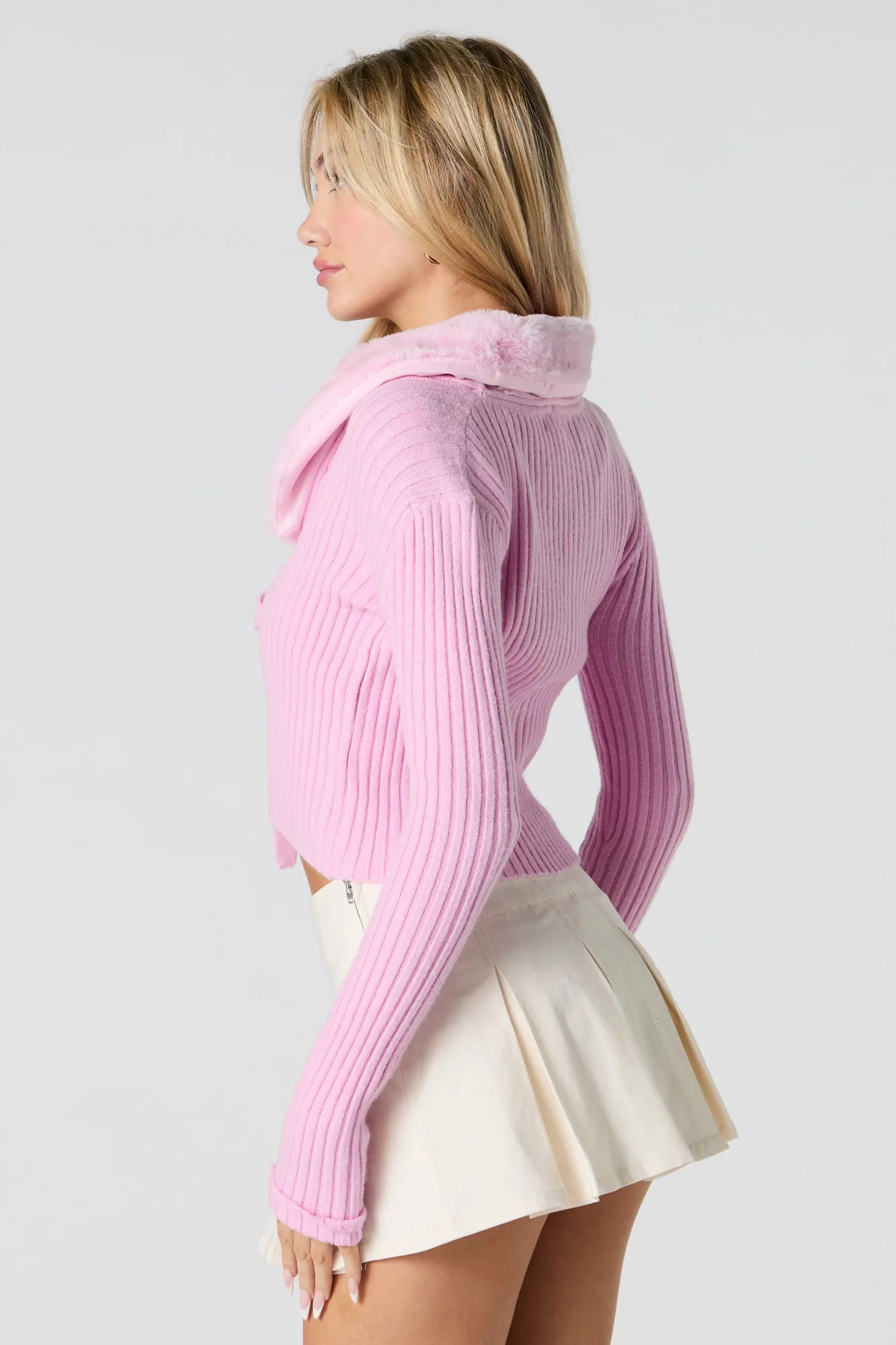 Ribbed Knit Faux Fur Collared Cardigan sold by Urban Planet product image thumbnail 2