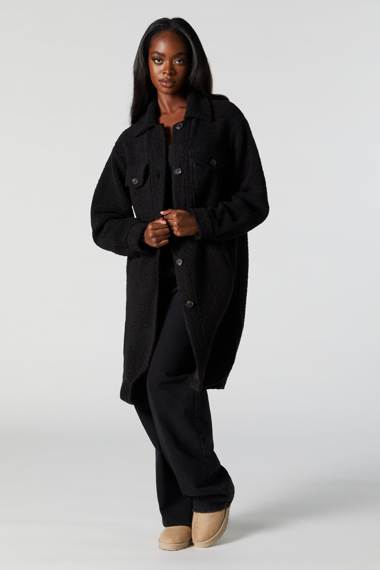 Longline Sherpa Shacket sold by Urban Planet